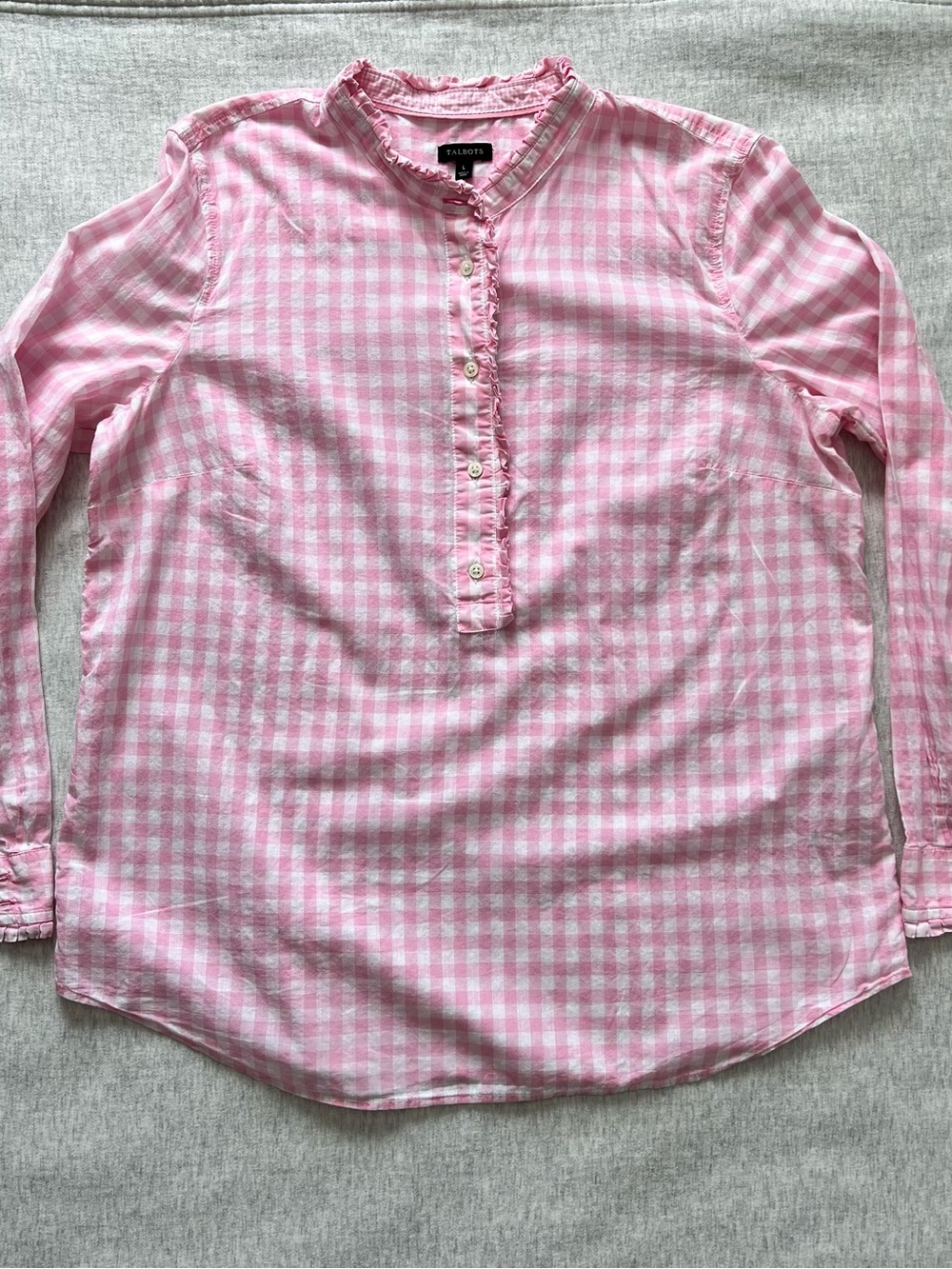 Talbots Pink and White Gingham Ruffle-Trim Button Shirt